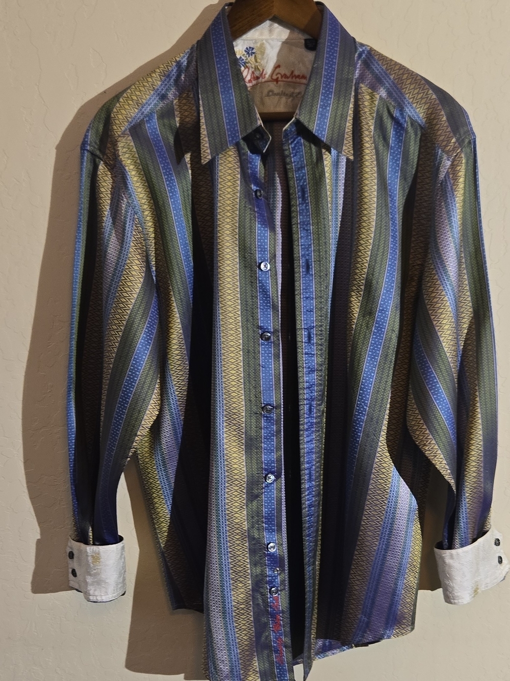 Robert Graham Vertical Stripe Dress Shirt in Blue, Green, Gold Limited Edition